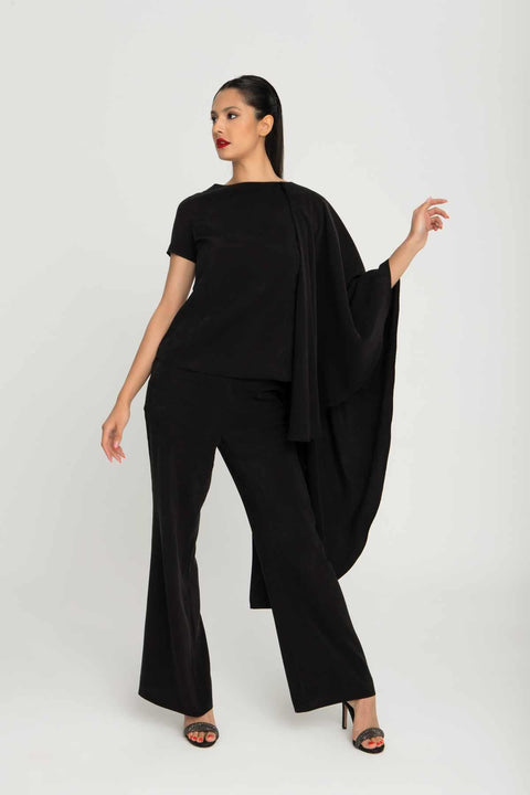 Özel Tasarım Şal Omuzlu Özel Kumaşlı Kısa Kol Kadın Bluz Royal01