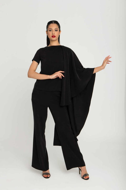 Özel Tasarım Şal Omuzlu Özel Kumaşlı Kısa Kol Kadın Bluz Royal01