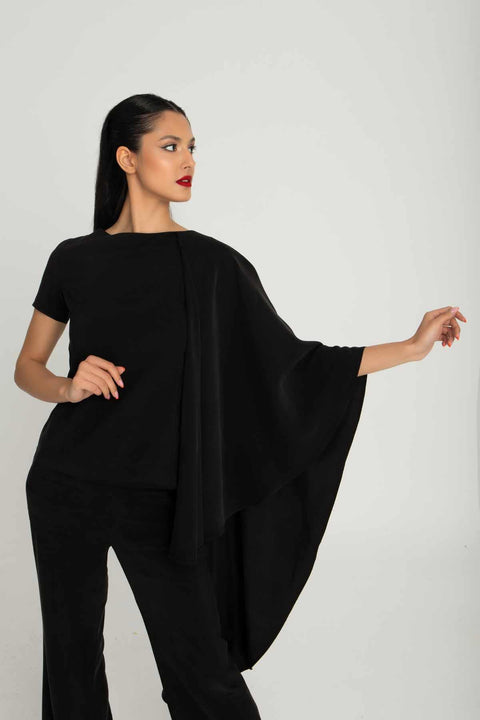 Özel Tasarım Şal Omuzlu Özel Kumaşlı Kısa Kol Kadın Bluz Royal01