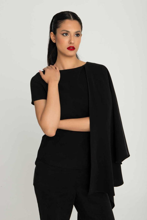 Özel Tasarım Şal Omuzlu Özel Kumaşlı Kısa Kol Kadın Bluz Royal01